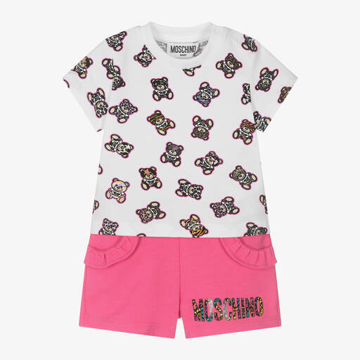 Moschino Baby-Girls White & Pink Cotton Shorts Set | Childrensalon