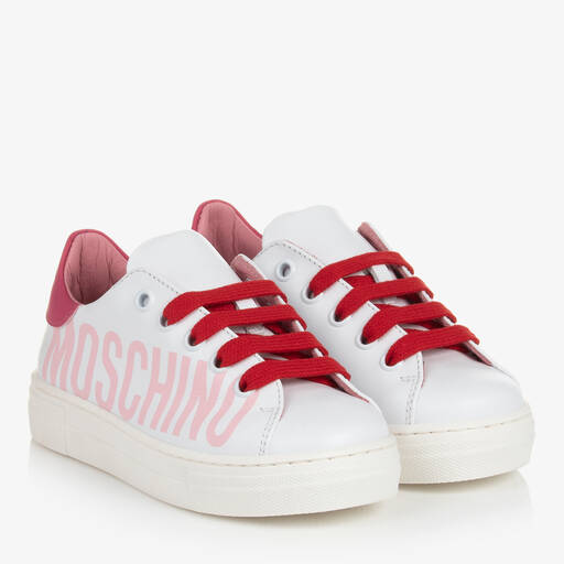 Moschino Kid-Teen-Girls White & Pink Leather Trainers | Childrensalon