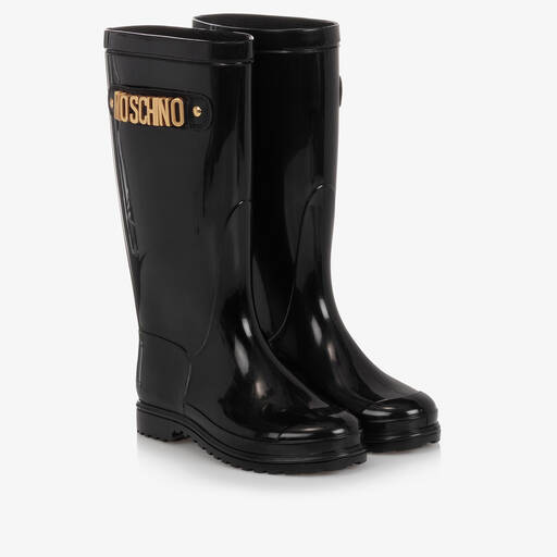 Moschino-Glossy Black Rain Boots | Childrensalon