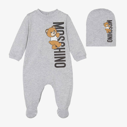 Moschino Baby-Grey Cotton Teddy Bear Logo Babygrow Set | Childrensalon