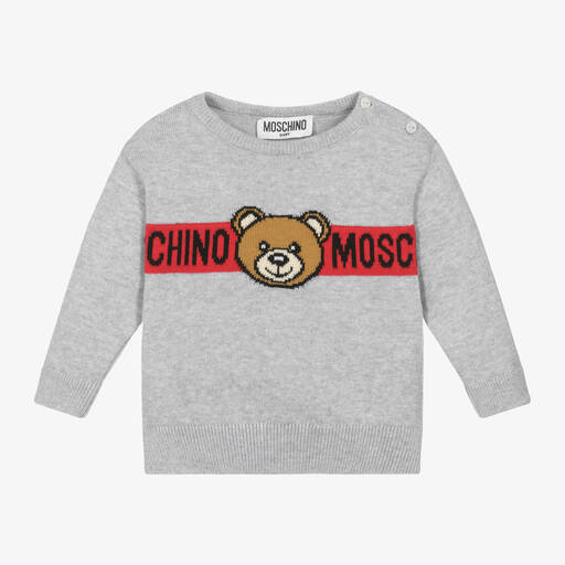 Moschino Baby-Grey Cotton Teddy Bear Logo Sweater | Childrensalon