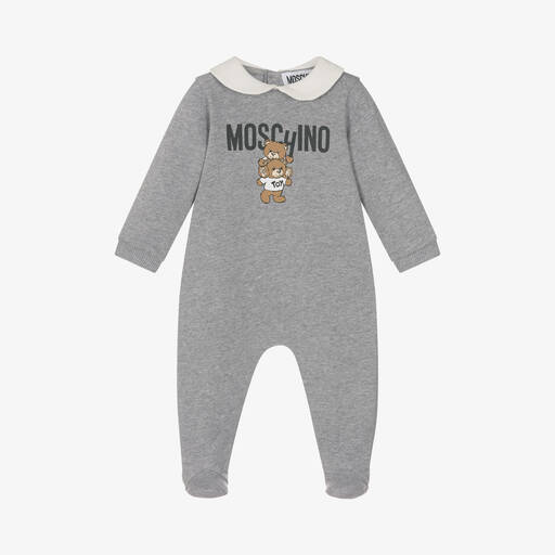 Moschino Baby-Grey Cotton Teddy Logo Babygrow | Childrensalon
