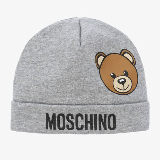 Moschino Baby-Серая шапочка из меланжевой ткани с медвежонком | Childrensalon