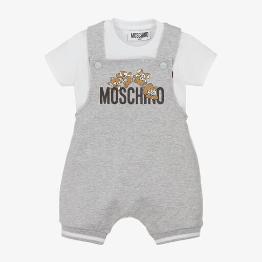 Moschino Baby-Grey & White Cotton Dungarees Set | Childrensalon