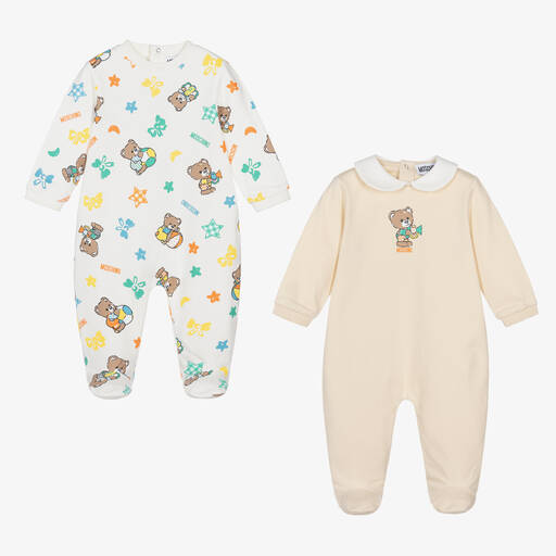Moschino Baby-Ivory & Beige Teddy Bear Cotton Babygrows (2 Pack) | Childrensalon