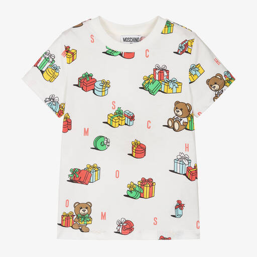 Moschino Kid-Teen-Ivory Cotton Festive Gifts T-Shirt | Childrensalon