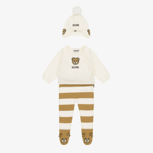 Moschino Baby-Ivory Cotton & Wool Knit Babysuit Set | Childrensalon