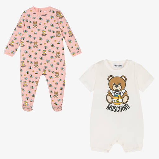 Moschino Baby-Ivory & Pink Bear Babysuits (2 Pack) | Childrensalon