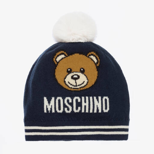 Moschino Kid-Teen-Navy Blue Cotton Knit Teddy Hat | Childrensalon