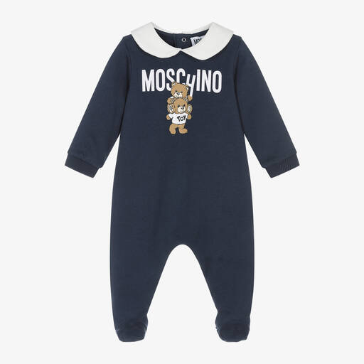 Moschino Baby-Navy Blue Cotton Teddy Logo Babygrow | Childrensalon