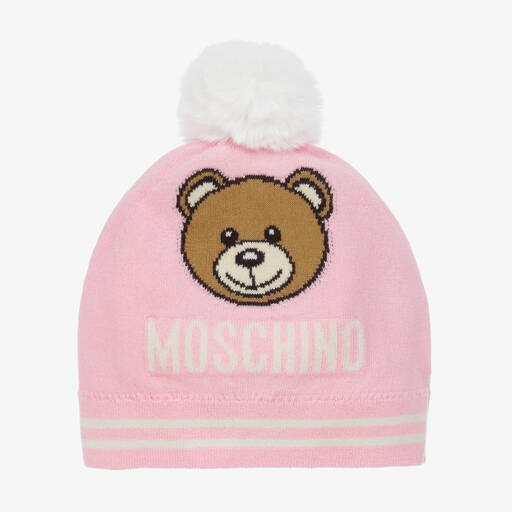 Moschino Kid-Teen-Pink Cotton Knit Teddy Hat | Childrensalon