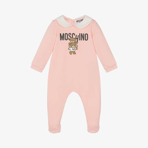 Moschino Baby-Pink Cotton Teddy Logo Babygrow | Childrensalon