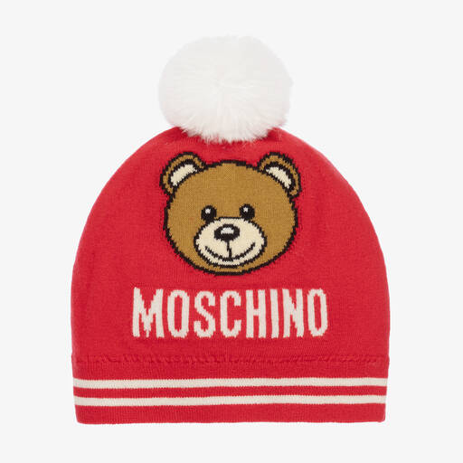 Moschino Kid-Teen-Red Cotton Knit Teddy Hat | Childrensalon