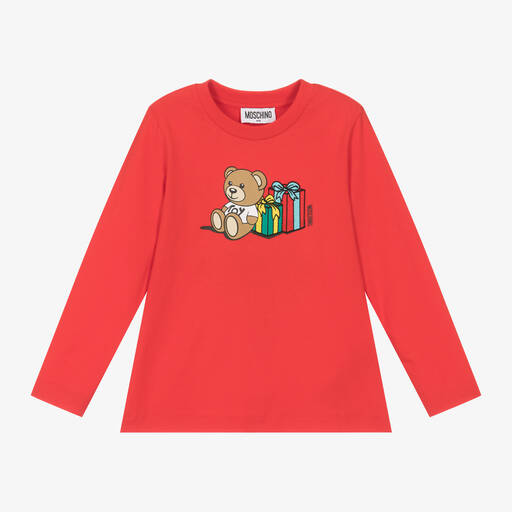 Moschino Kid-Teen-Red Cotton Teddy Bear Festive Gift Top | Childrensalon