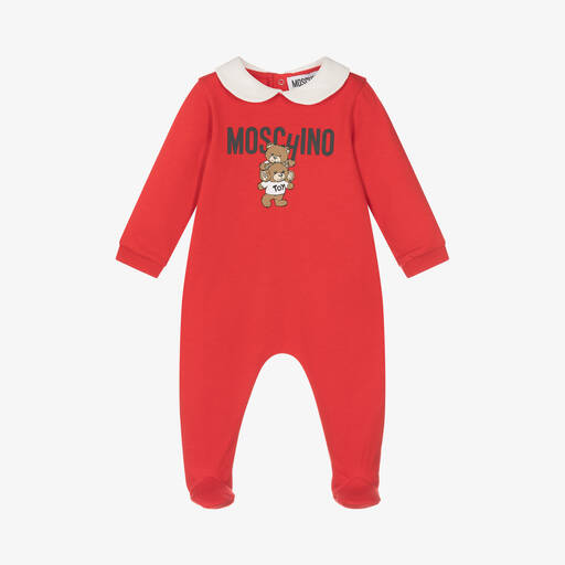 Moschino Baby-Red Cotton Teddy Logo Babygrow | Childrensalon
