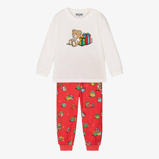 Moschino Baby-Red Festive Teddy Bear Cotton Trouser Set | Childrensalon