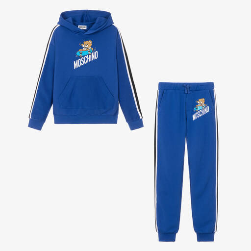 Moschino Kid-Teen-Синий спортивный костюм из хлопка с полосками и медвежонком | Childrensalon