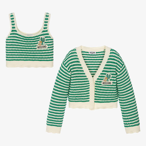 Moschino Kid-Teen-Teen Girls Green Cotton Knit Cardigan Set | Childrensalon