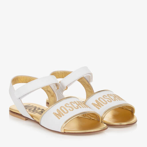Moschino Kid-Teen-Teen Girls White & Gold Leather Sandals | Childrensalon