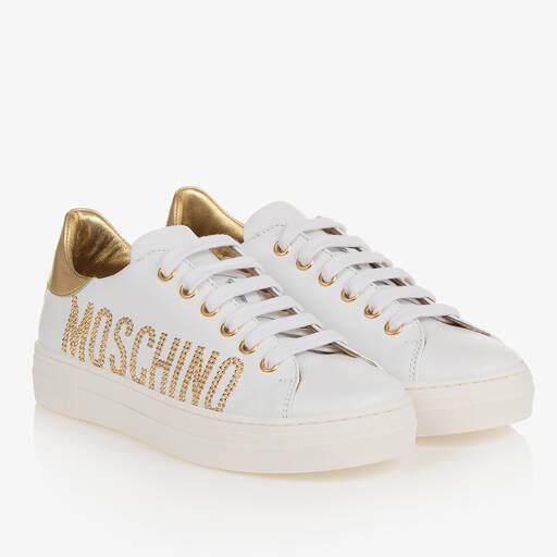 Moschino Kid-Teen-Teen Girls White Leather Lace-Up Trainers | Childrensalon