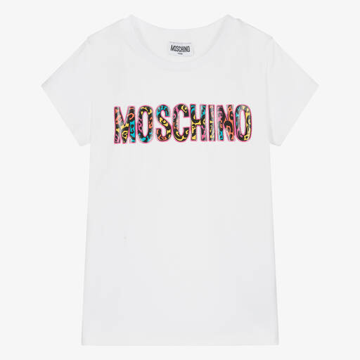 Moschino Kid-Teen-Teen Girls White Leopard Print Cotton T-Shirt | Childrensalon