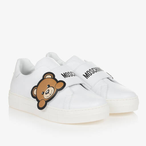 Moschino Kid-Teen-Белые кожаные кроссовки на липучке с медвежатами для подростков | Childrensalon