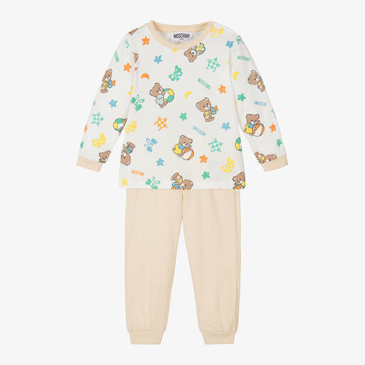 Moschino Baby-White & Beige Teddy Bear Cotton Trouser Set | Childrensalon