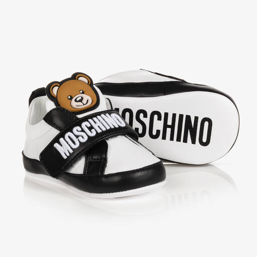Moschino Baby-White & Black Leather Baby Pre-Walkers | Childrensalon