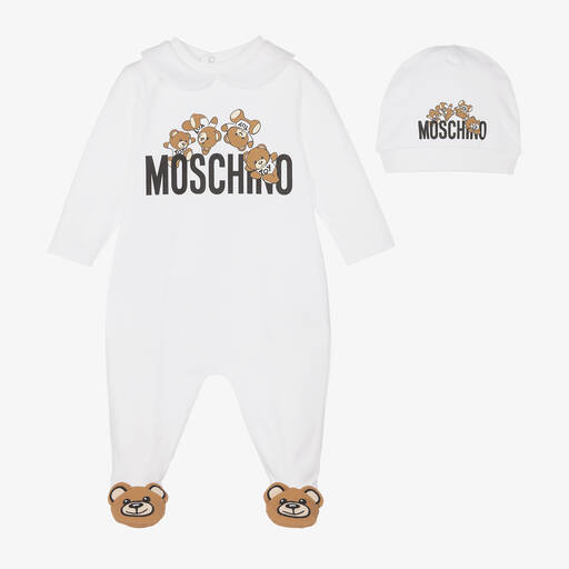 Moschino Baby-White Cotton Teddy Bear Babygrow Gift Set | Childrensalon