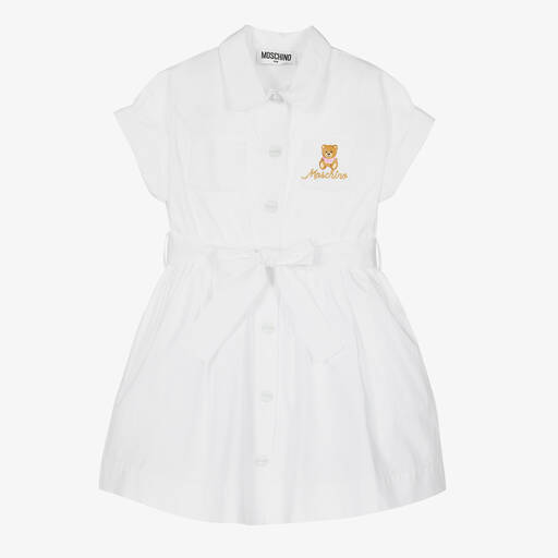 Moschino Kid-Teen-White Cotton Teddy Logo Shirt Dress | Childrensalon