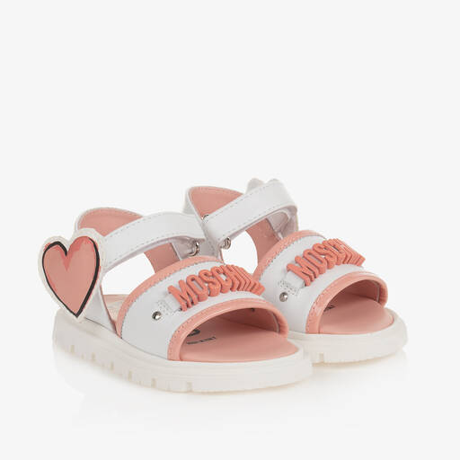 Moschino Kid-Teen-White & Pink Leather Sandals | Childrensalon