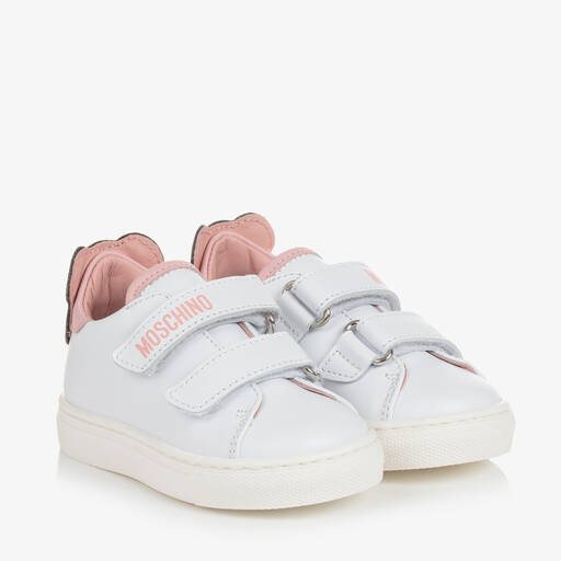 Moschino Kid-Teen-Leder-Sneakers mit Teddy Weiß/Rosa | Childrensalon