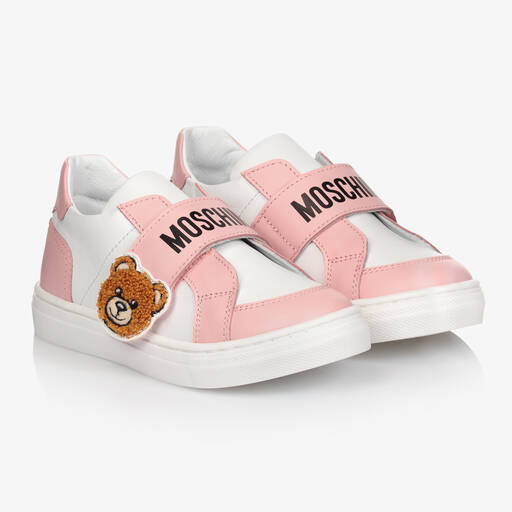 Moschino Baby-White & Pink Leather Trainers | Childrensalon