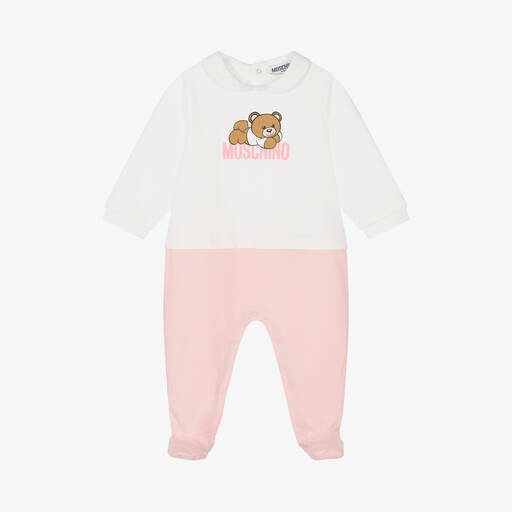 Moschino Baby-White & Pink Organic Cotton Babygrow | Childrensalon