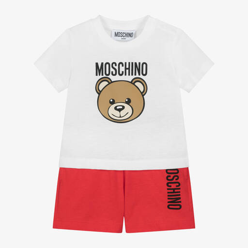 Moschino Baby-White & Red Cotton Shorts Set | Childrensalon