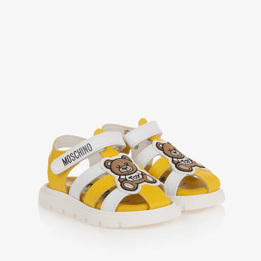 Moschino Kid-Teen-White & Yellow Leather Teddy Bear Sandals | Childrensalon