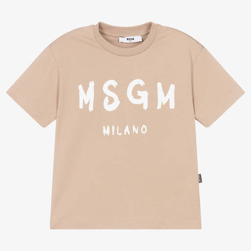 MSGM-Beige Cotton Brushed Logo T-Shirt | Childrensalon