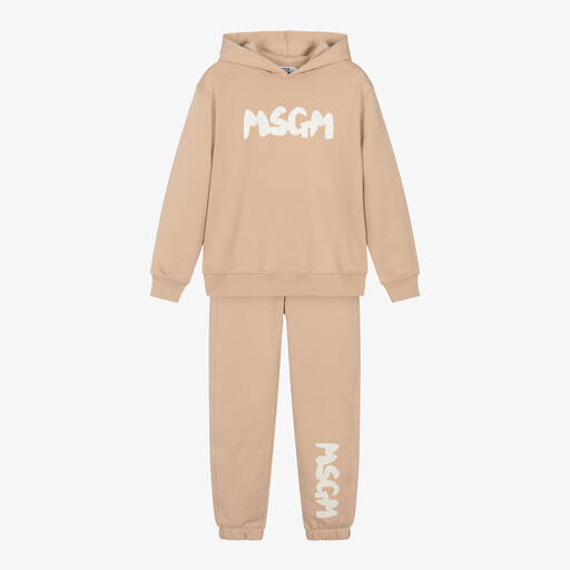 MSGM-Beige Cotton Hooded Tracksuit | Childrensalon