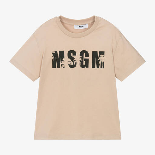 MSGM-Boys Beige Cotton Palm Tree T-Shirt | Childrensalon
