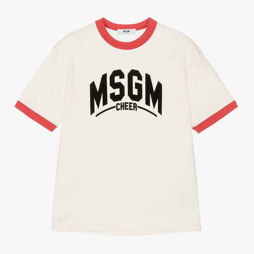MSGM-تيشيرت بشعار فارسيتي قطن جيرسي لون عاجي للأولاد | Childrensalon