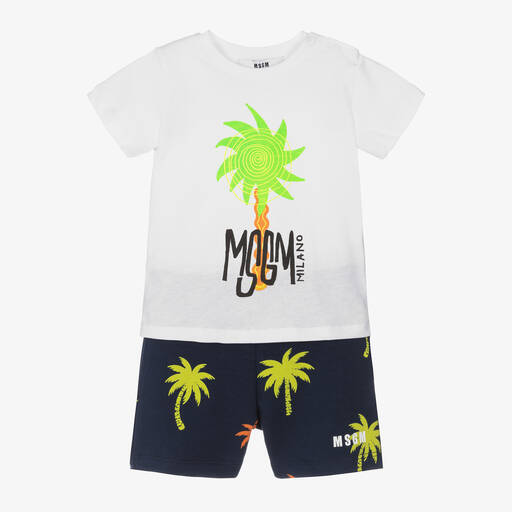 MSGM-Boys White & Blue Palm Tree Shorts Set | Childrensalon