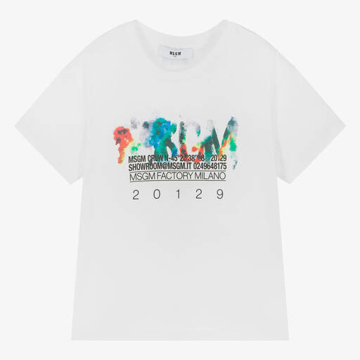 MSGM-Boys White Cotton Paint T-Shirt | Childrensalon