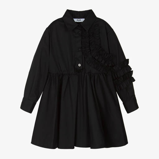 MSGM-Girls Black Cotton Ruffle Shirt Dress | Childrensalon