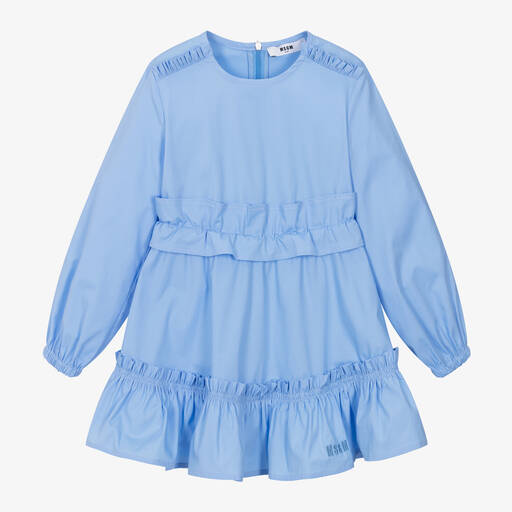 MSGM-Girls Blue Cotton Poplin Dress | Childrensalon
