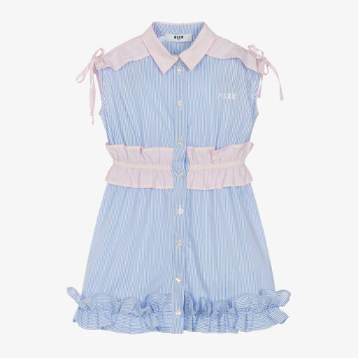MSGM-Girls Blue Striped Cotton Dress | Childrensalon