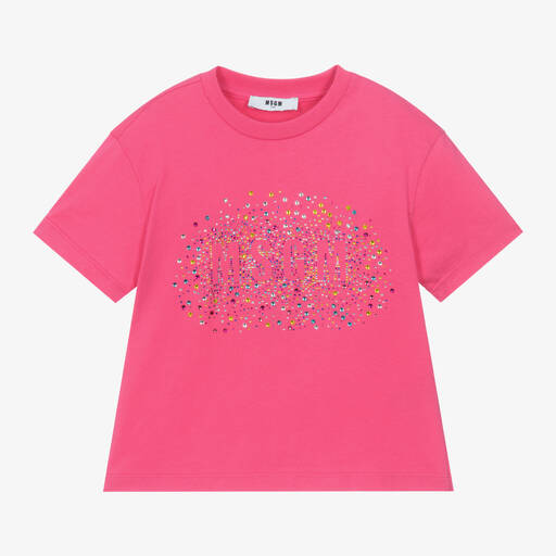 MSGM-Розовая хлопковая футболка со стразами для девочек | Childrensalon