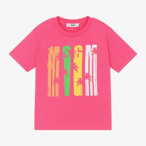 MSGM-Розовая хлопковая футболка с пальмами для девочек | Childrensalon
