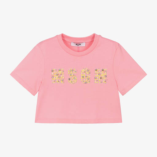MSGM-Girls Pink Cropped Cotton T-Shirt | Childrensalon