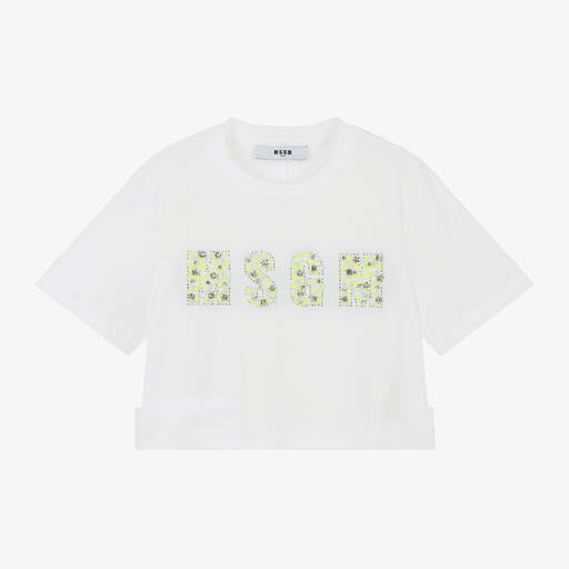 MSGM-Girls White Cropped Cotton T-Shirt | Childrensalon