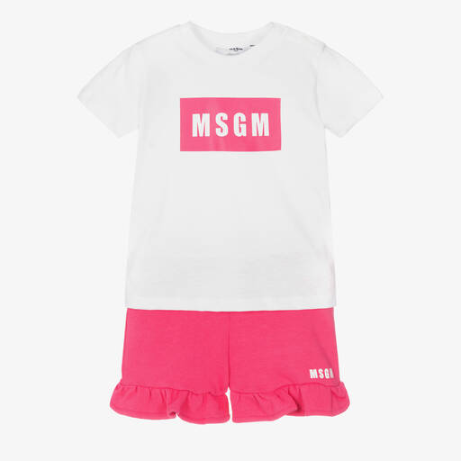 MSGM-Girls White & Pink Cotton Shorts Set | Childrensalon